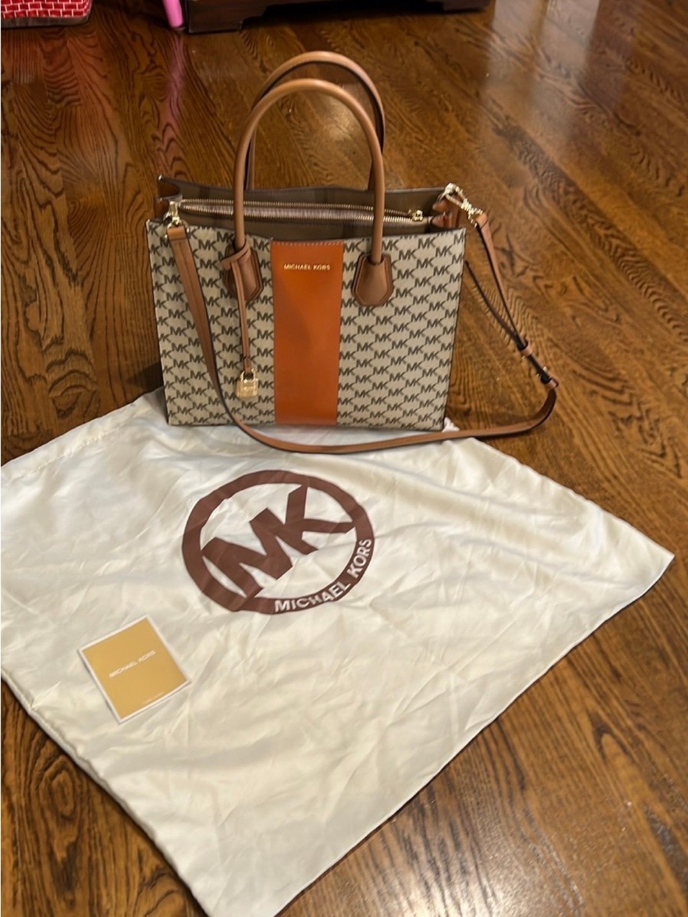 Michael Kors Beige Monogram Tote with Chestnut Center Stripe